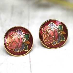 Vintage Cloisonne Rose Flower Post Earrings: Gold, Red, Pink, Green Enamel